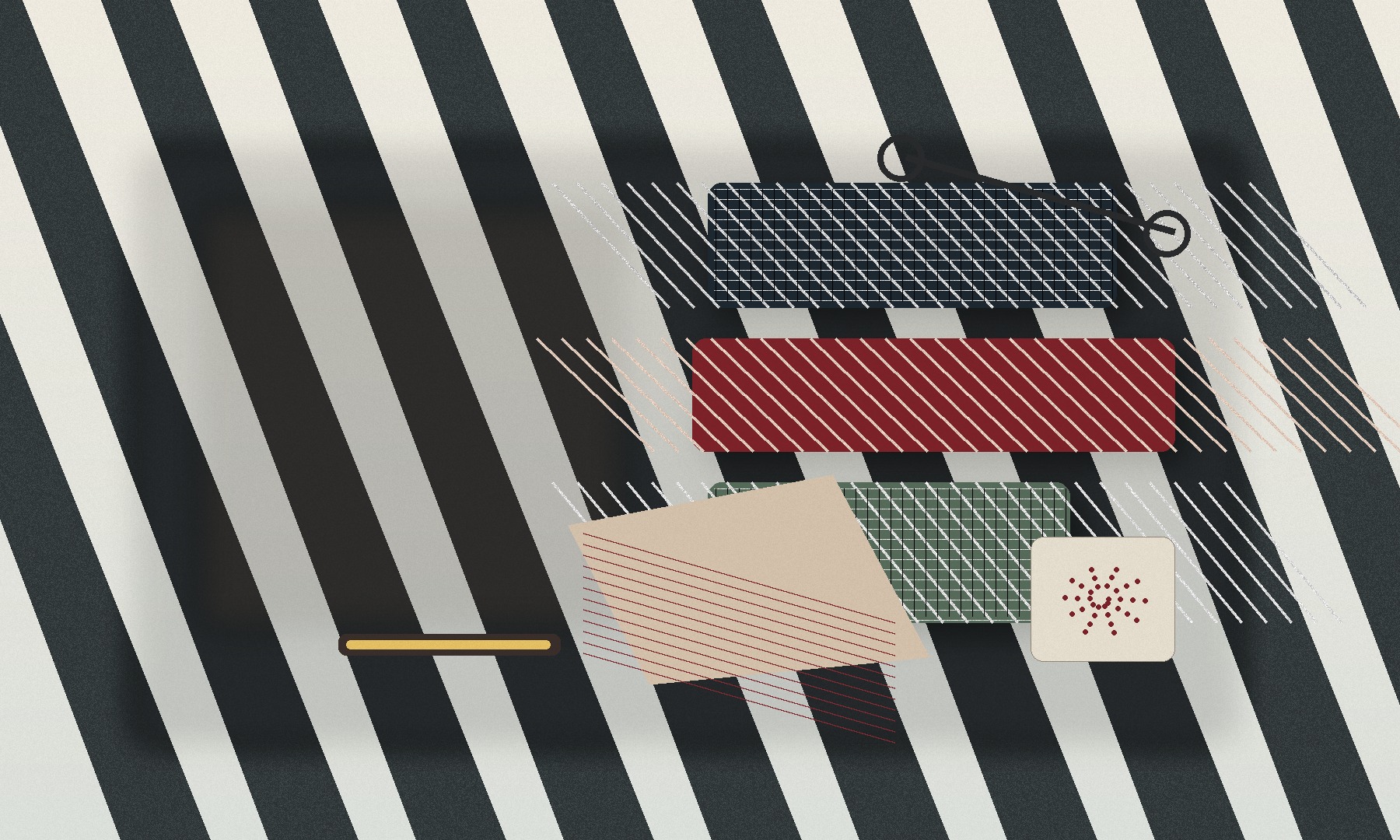 Swiss fashion designers atelier table with fabric swatches and sketches