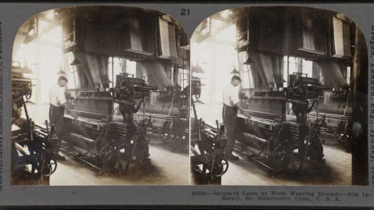 Zurich silk industry era Jacquard loom weaving brocade in a historical silk mill
